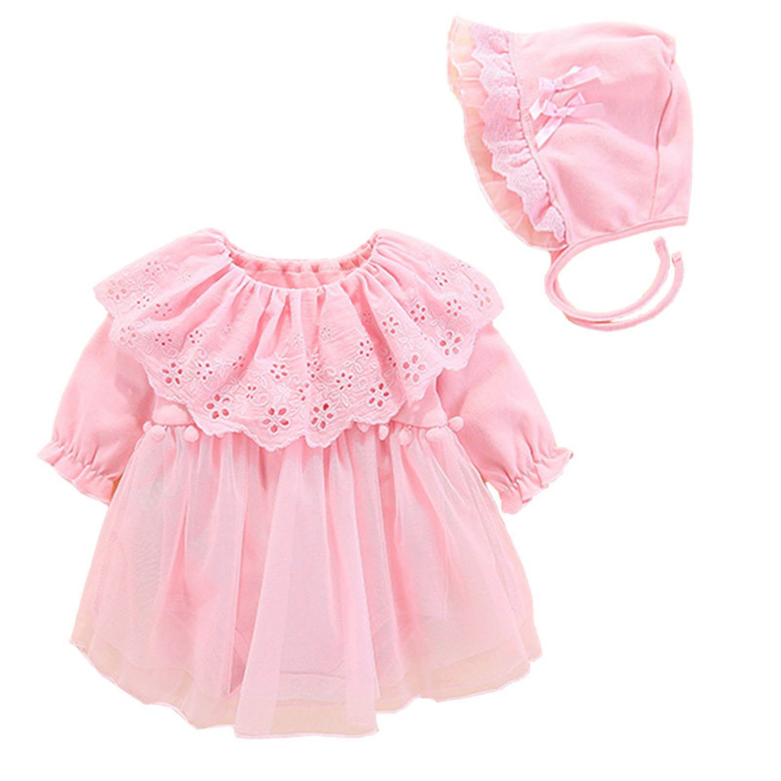 JSCDRPDWL Girls Dresses Baby Girls Spring Summer Tulle Solid Long Sleeve Birthday Party Romper Princess Dress Headbands Clothes Newborn Baby Girl Clothes Pink 0-3 Months